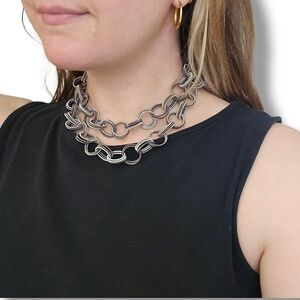 Piano Wire Long Necklace Chain Link Silver and Gunmetal Artist Museum Gift Shop